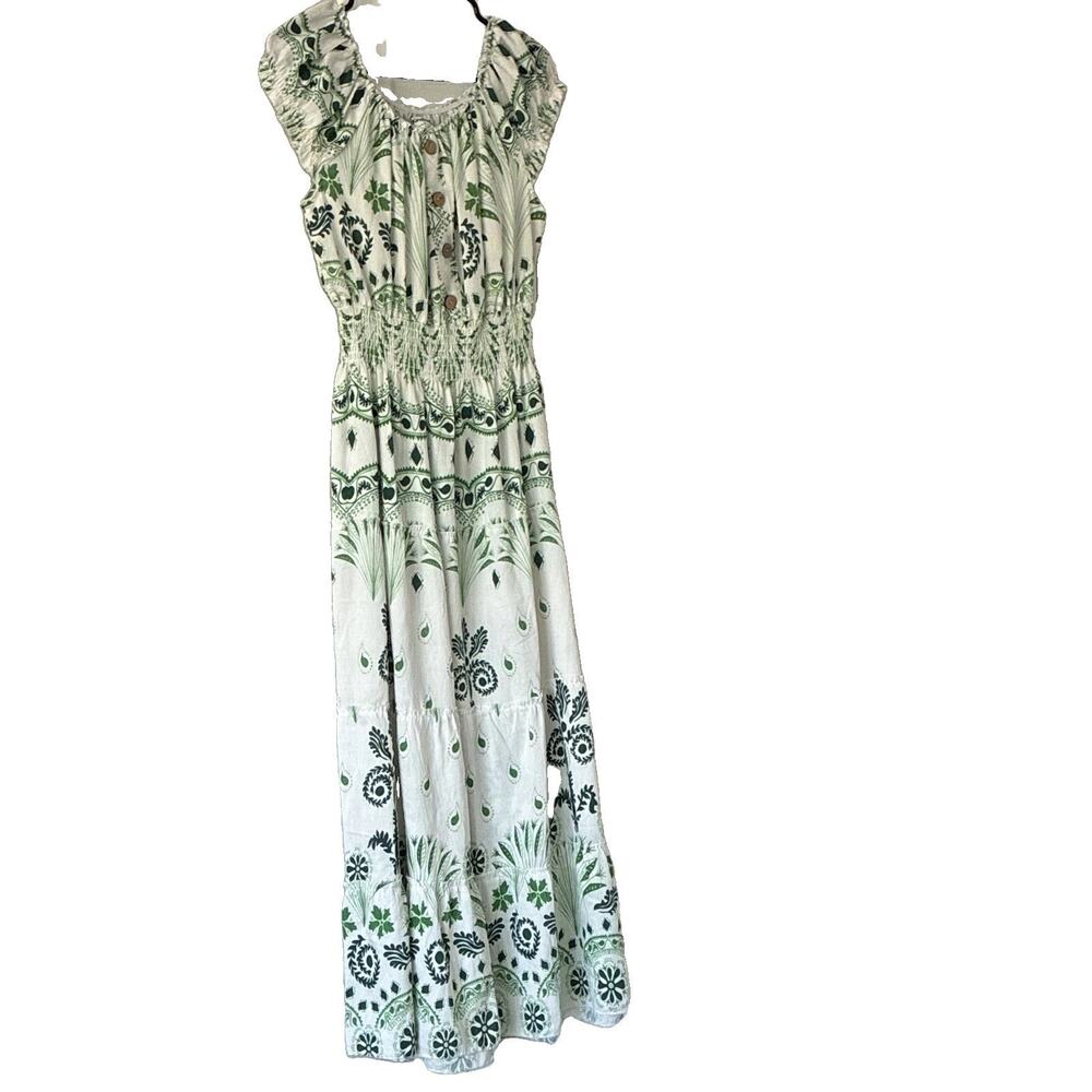 NWT Anthropologie Kindred Green White Floral Maxi Dress Short Cap Sleeve Size S